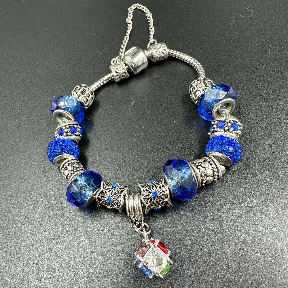 Blue Crystal and Silver Tone Slider Charm Bracelet Safety Chain